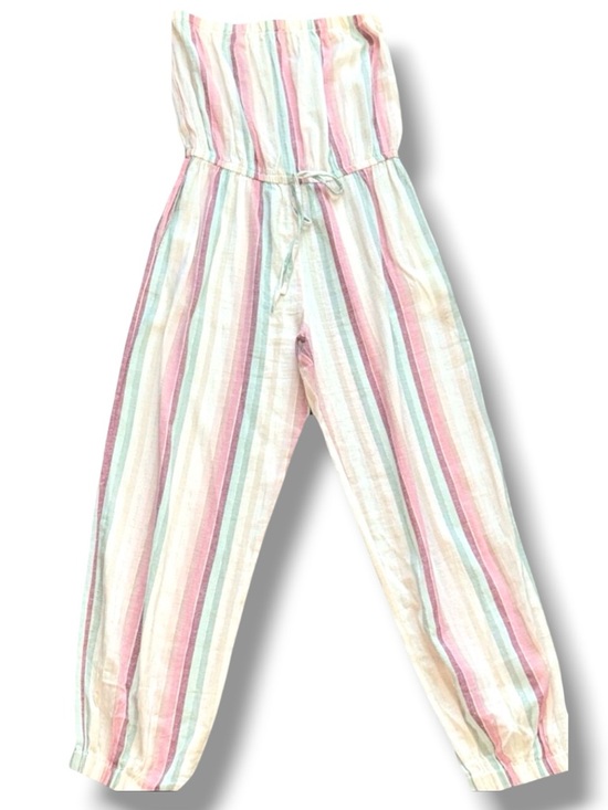 Elan Pants - Elan striped strapless jumpsuit cream with pink and teal jogger bottom